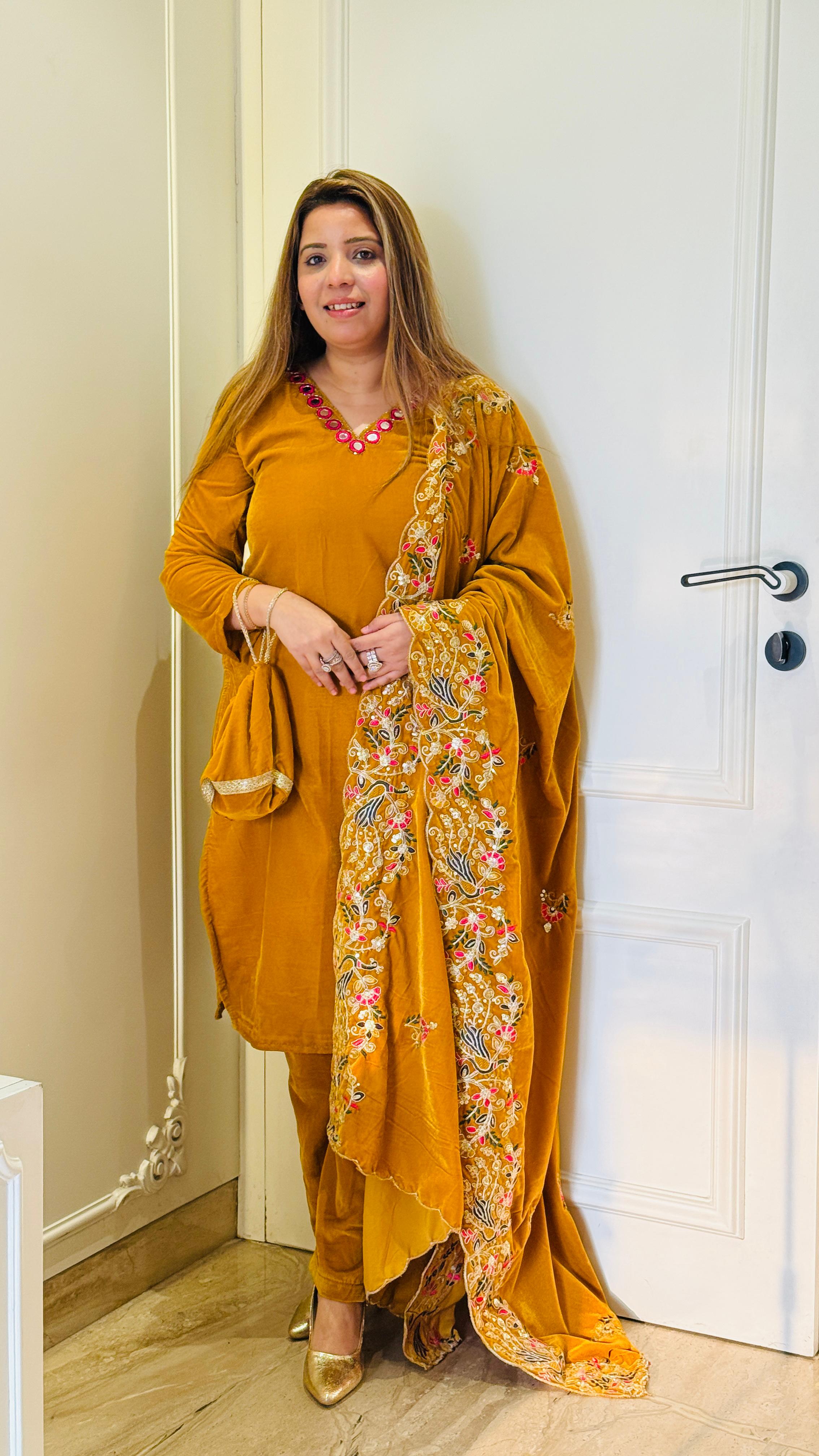 Orange Velvet Embroidered Suit Set